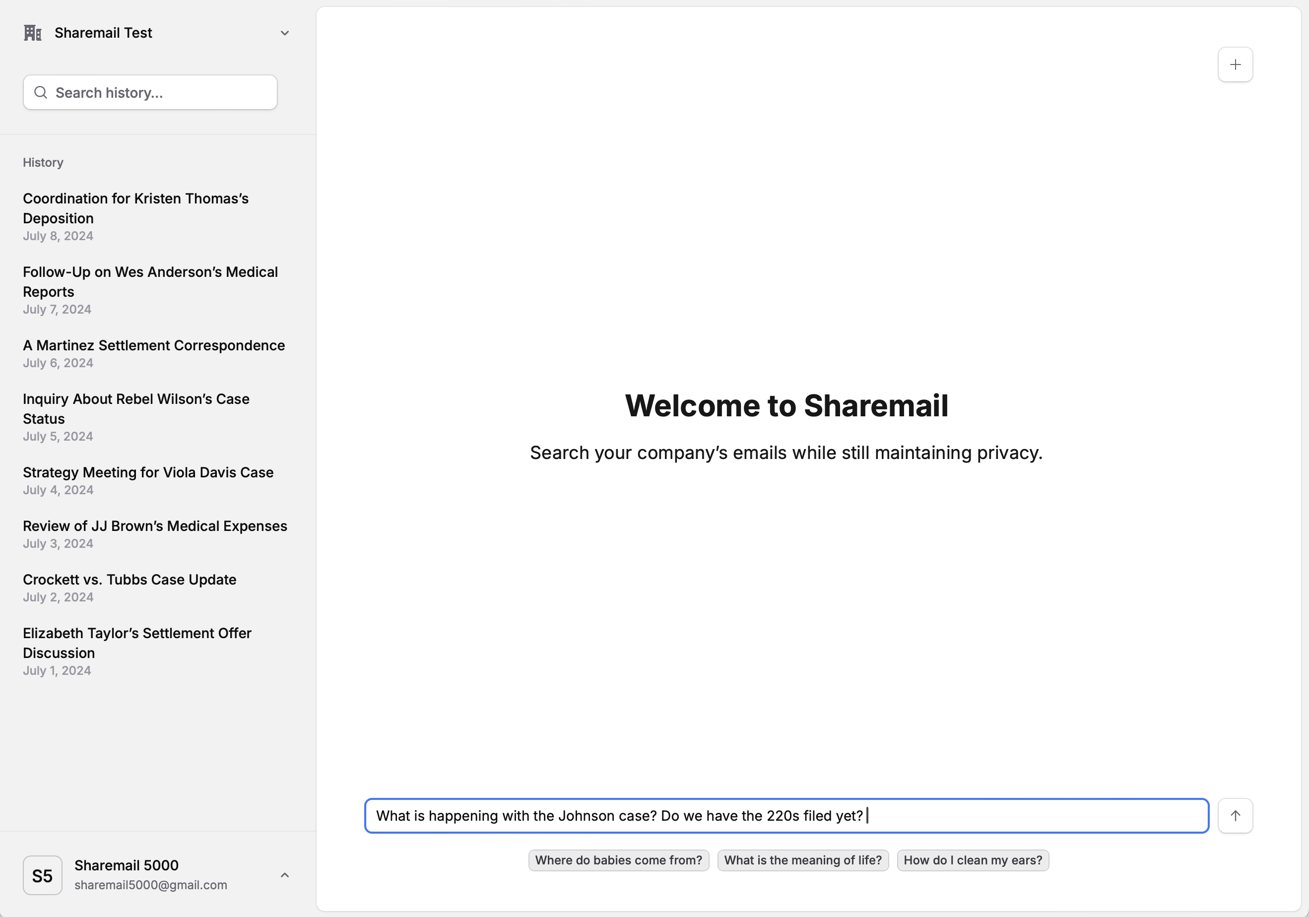 Sharemail interface showing AI-powered email search and conversation analysis